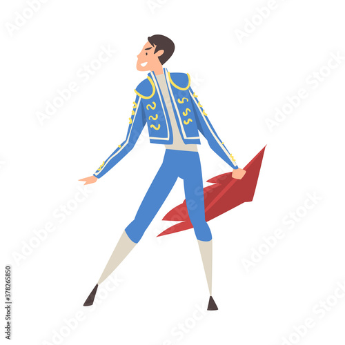 Bullfighter, Toreador, Picador Character Dressed in Blue Costume, Spanish Corrida Traditional Performance Cartoon Style Vector Illustration