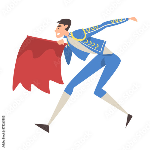 Bullfighter Fighting with Red Cape, Toreador Character Dressed in Traditional Costume, Spanish Corrida Performance Cartoon Style Vector Illustration