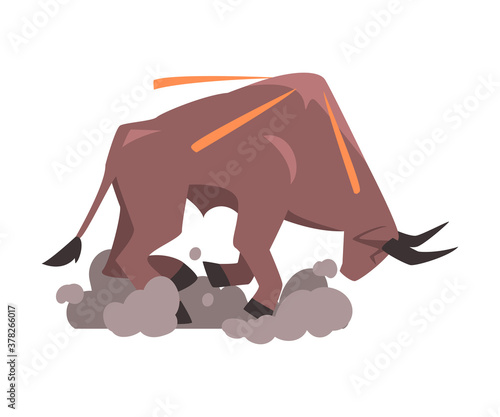 Angry Bull in Attacking Pose, Spanish Corrida Traditional Performance Cartoon Style Vector Illustration