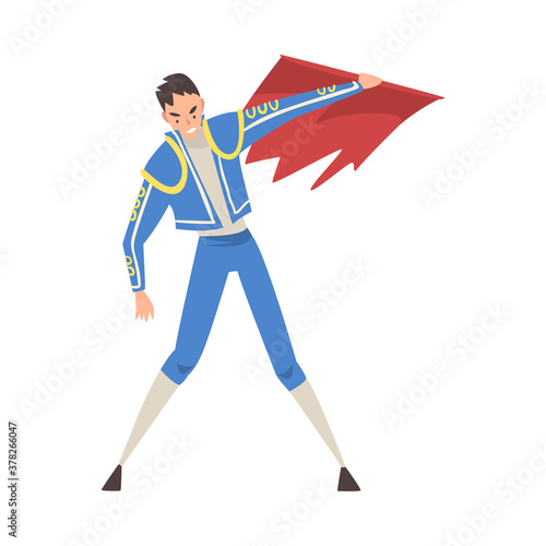 Bullfighter, Toreador Character Dressed in Costume Waving Red Cape, Spanish Corrida Traditional Performance Cartoon Style Vector Illustration