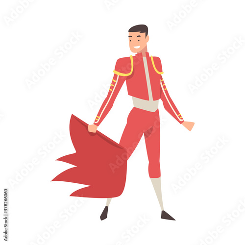 Bullfighter, Toreador Character Dressed in Traditional Red Costume Waving Cape, Spanish Corrida Performance Cartoon Style Vector Illustration