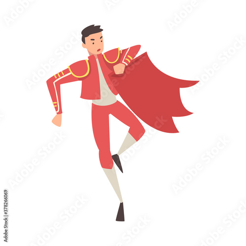 Bullfighter, Toreador, Picador Character Dressed in Red Costume, Spanish Corrida Traditional Performance Cartoon Style Vector Illustration