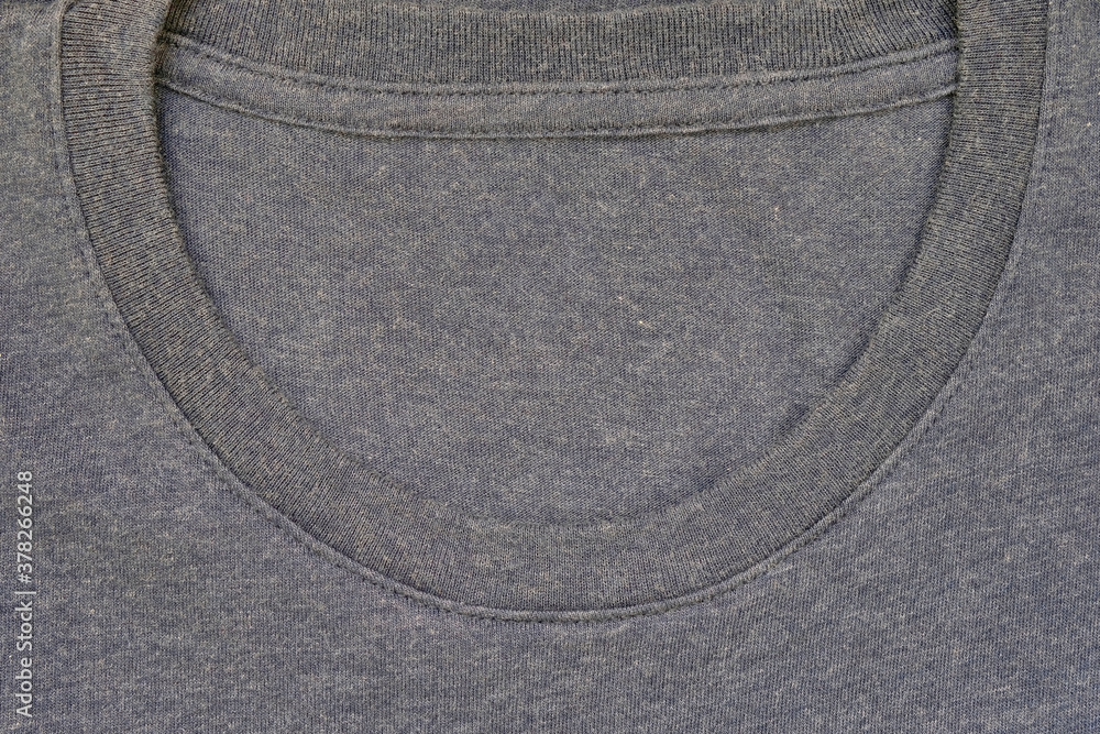 Round neckline without collar of a plain cotton T-shirt for casual wear. A  crew neck tee shirt, closeup view. U neck, soft textile, no pattern  clothing apparel for everyday wear. Photos