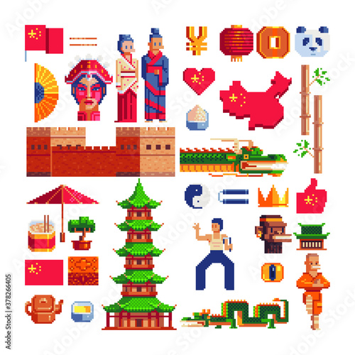 Chinese tradition elements. Icons set. 80s style. Pixel art. Asian theme. Great Chinese Wall. Dragon and shaolin monk. Stickers design. 8-bit sprites. Isolated vector illustration. 