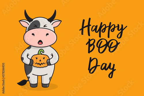 Cute Halloween greeting card with bull cow or ox, symbol of the year 2021 according to the Chinese calendar. Vector stock ready-to-print illustration for postcard, poster, template for social media.