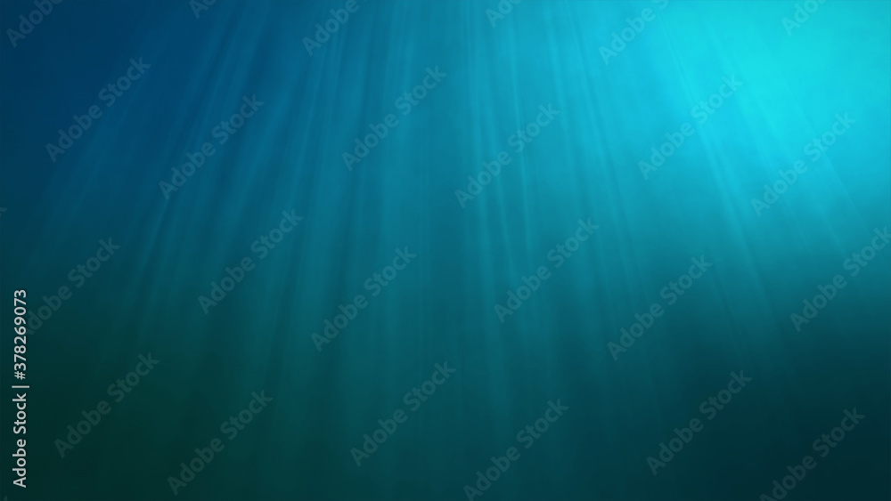 Underwater sun light beams shining from above coming through the deep clear blue water. 3D render