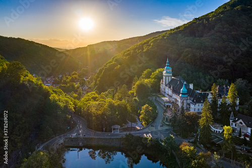 Fotografía Lillafured, Hungary - Aerial view of the famous Lillafured Castle in the mountains of Bukk near Miskolc on a sunny summer morning