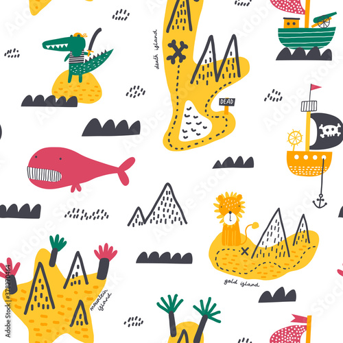 Childish seamless pattern. Ocean illustration with islands, waves and pirate ships. Creative texture for fabric, wrapping, textile, wallpaper, apparel. Vector illustration.