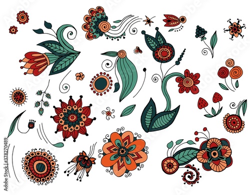 Set of decorative flowers in ethnic style. Illustration for your design. White background, isolator. Stock illustration.