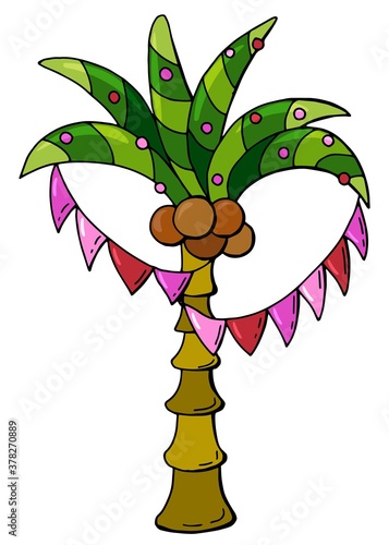Exotic New Year. Palm tree - decorated with flags and balls. Cartoon style.  White background, isolator. Stock illustration. Cute picture for postcard design.
