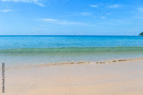 Clear sea water wave on clean sand beach on Phuket island in South of Thailand  summer outdoor day light  clean environmental concept  nature background