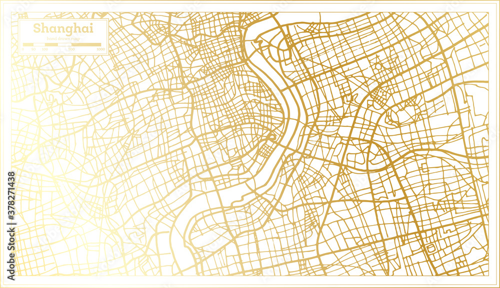 Shanghai China City Map in Retro Style in Golden Color. Outline Map.