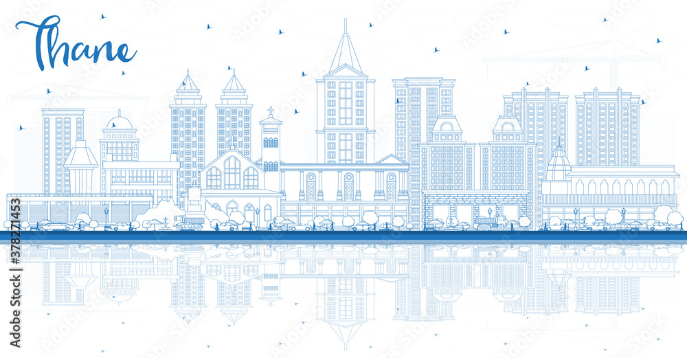 Outline Thane India City Skyline with Blue Buildings and Reflections.