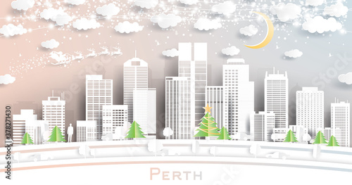 Perth Australia City Skyline in Paper Cut Style with Snowflakes, Moon and Neon Garland.