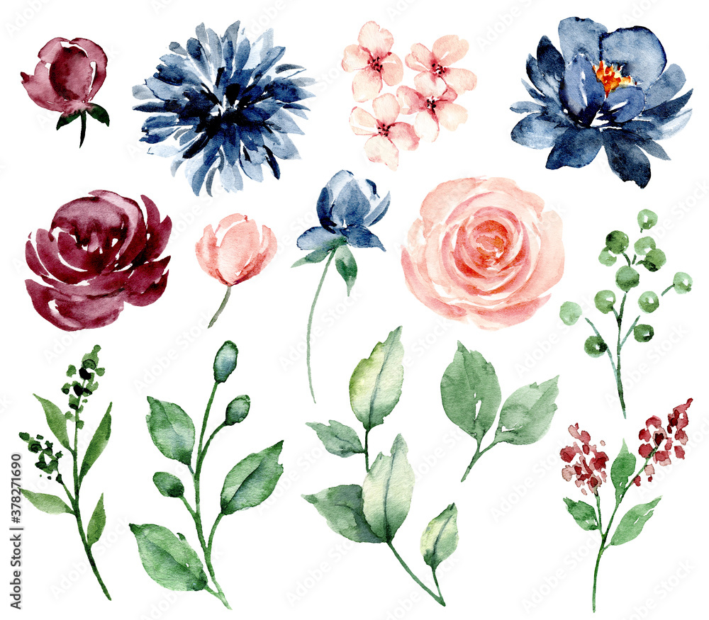 Set watercolor flowers hand painting, floral vintage pink and blue flowers. Illustrations for poster, greeting card, birthday, wedding design. Isolated on white background.
