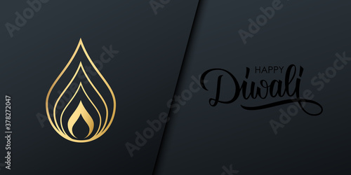 Diwali banner with handwritten inscription Happy Diwali. India festival of lights holiday invitation with hand lettering and golden diya lamp light symbol. Vector illustration.