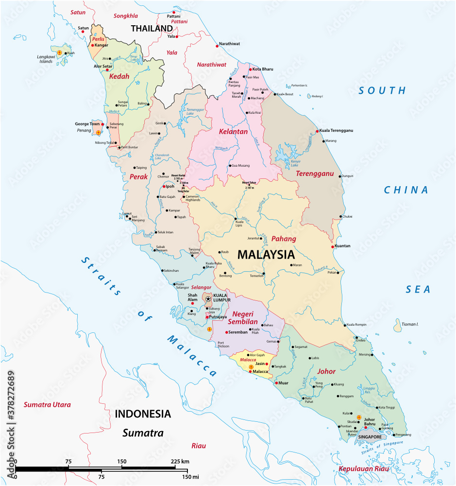 administrative structure vector map of the Malay Peninsula, Malaysia