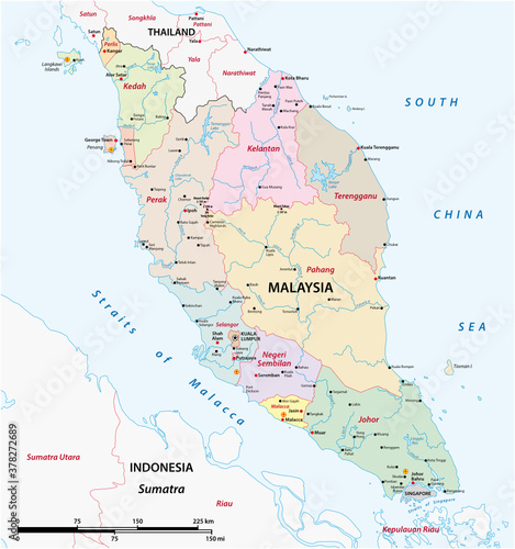 administrative structure vector map of the Malay Peninsula  Malaysia
