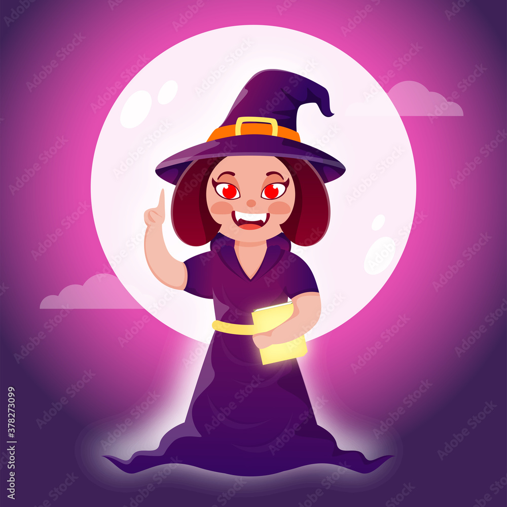 Cartoon Young Witch Saying Something with Book on Full Moon Purple Background.