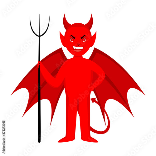 Cartoon Red Devil Holding Trident on White Background.