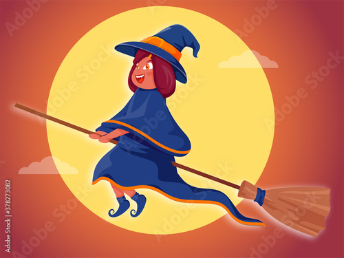 Cartoon Young Witch Flying with Her Broom on Full Moon Gradient Orange Background.