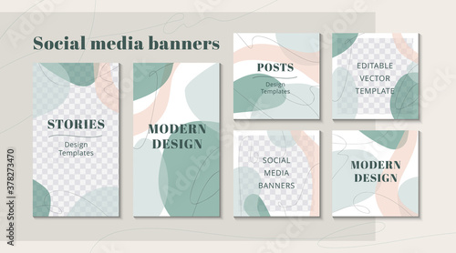 Modern web banner for social media mobile apps, organic design in pastel colors. Stylish social media posts, story and photos. Editable templates with space for text. Vector Illustration
