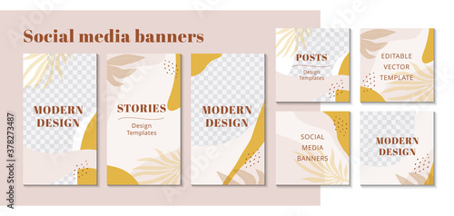 Modern design backgrounds for social media apps with abstract shapes and hand draw leaves in pastel colors. Set of editable banners templates. Floral story mockup. Vector illustration