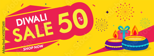 Diwali Sale Header or Banner Design with 50% Discount Offer, Illuminated Oil Lamps (Diya) and Gift Box on Yellow Background.