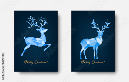 Christmas  greeting card with polygonal blue reindeers.