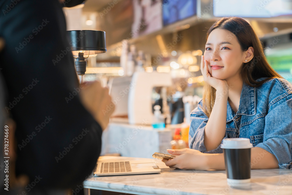 romantic attractive lovely asian couple female glad to meet his boyfriend coming at cafe coffee shop Love, dating, food, lifestyle concept romantic attractive lovely asian couple female glad to meet his boyfriend coming at cafe coffee shop Love, dating, food, lifestyle concept