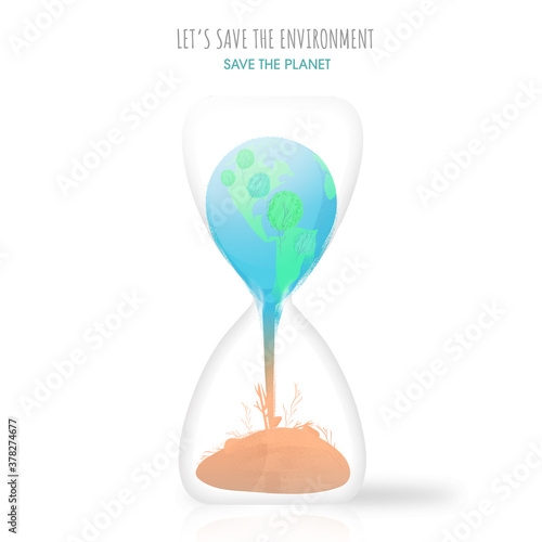 Illustration of Earth Sinking Into a Sand Clock on White Background for Save The Environment & Planet.