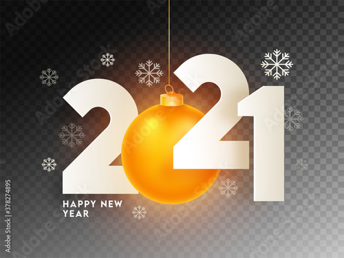 Paper Cut 2021 Text with Hanging Illuminated Golden Bauble and Snowflakes on Black Png Background for Happy New Year Celebration.