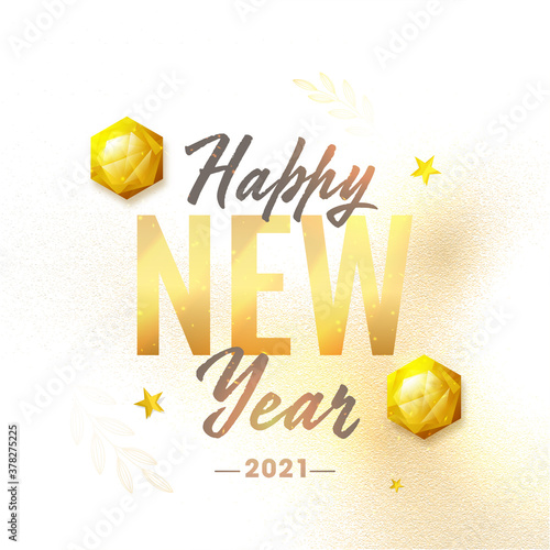 Happy New Year 2021 Text with 3D Hexagon Shapes, Stars and Golden Foil Texture on White Background.