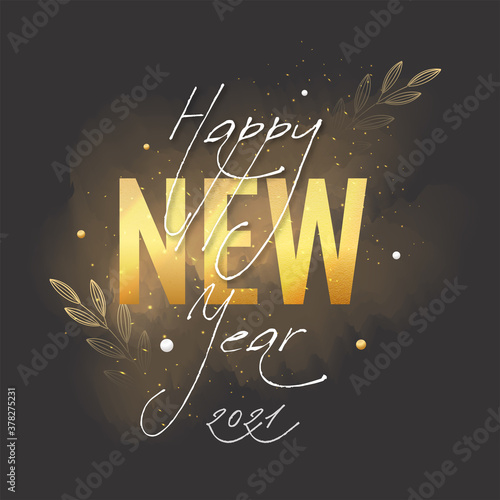 Happy New Year 2021 Font with Golden Leaf Branches and Sparkles on Black Background.