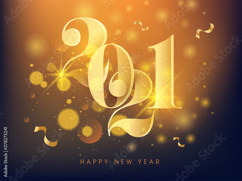 Golden Stylish 2021 Number on Golden Sparkles Lights Effect Background for Happy New Year Celebration.