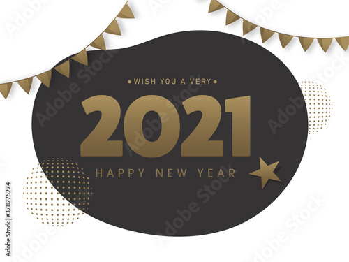 Wish You A Very Happy New Year 2021 Text with a Star and Bunting Flags on White and Black Background.
