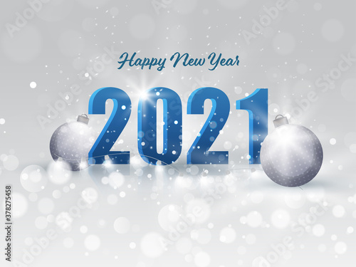 3D 2021 Number with Baubles and Bokeh Effect on Falling Snow Grey Background.