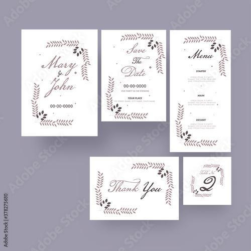 Wedding Invitation Set Like As Save The Date, Menu, Thank You and Table Number Card.