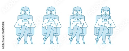 A man sits in a chair and reads the news or browses a social network on a tablet. Several options for emotions. Illustration in line art style. Vector