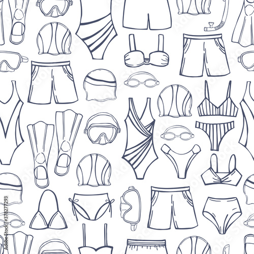  Hand drawn swimming accessories. Vector sketch illustration.