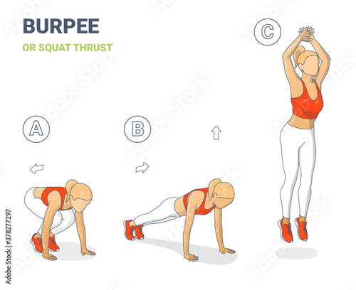 Woman Burpee or Squat Thrust Exercise Colorfull Concept Illustration.