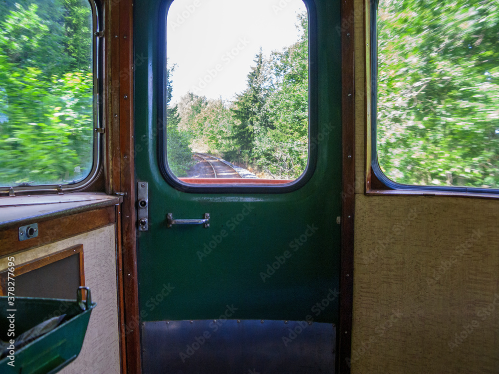 Interior of an old railway car in speed