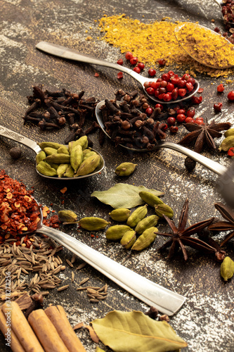 spices and herbs, set of spices on spoons linear