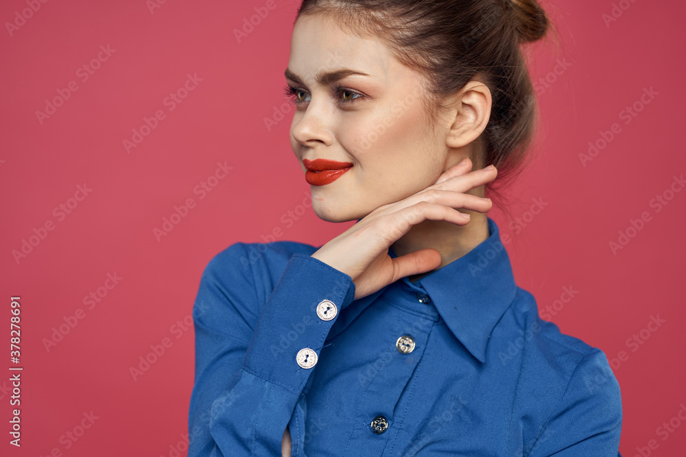 Portrait of emotional woman in blue shirt with bright makeup gesturing with hands Copy Space Portrait of emotional woman in blue shirt with bright makeup gesturing with hands Copy Space