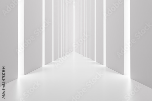 White high and long tunnel with gaps. Abstract rectangular corridor. Futuristic background. 3d rendering.