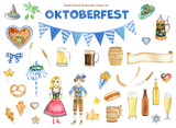 Watercolor german traditional oktoberfest holiday. Hand drawn beer bottle, mug, pretzel, gingerbread, national costumes, food and decorations illustration isolated on white background. 