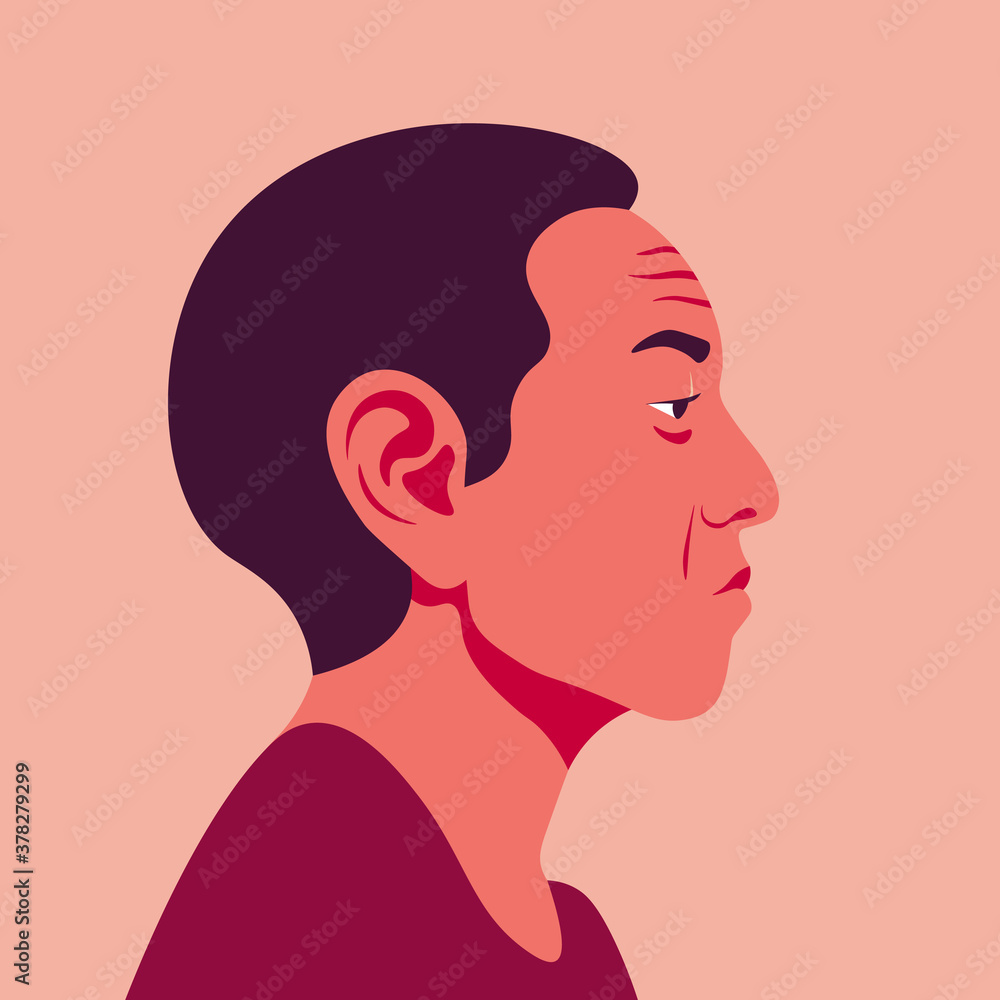 Profile of an Asian man. The face of the pensioner is on the side. Avatar of grandfather. Vector flat Illustration