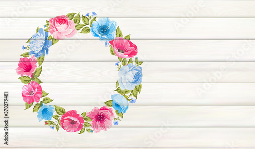 Flower background for your design. Plumeria leaves on wooden background with empty space