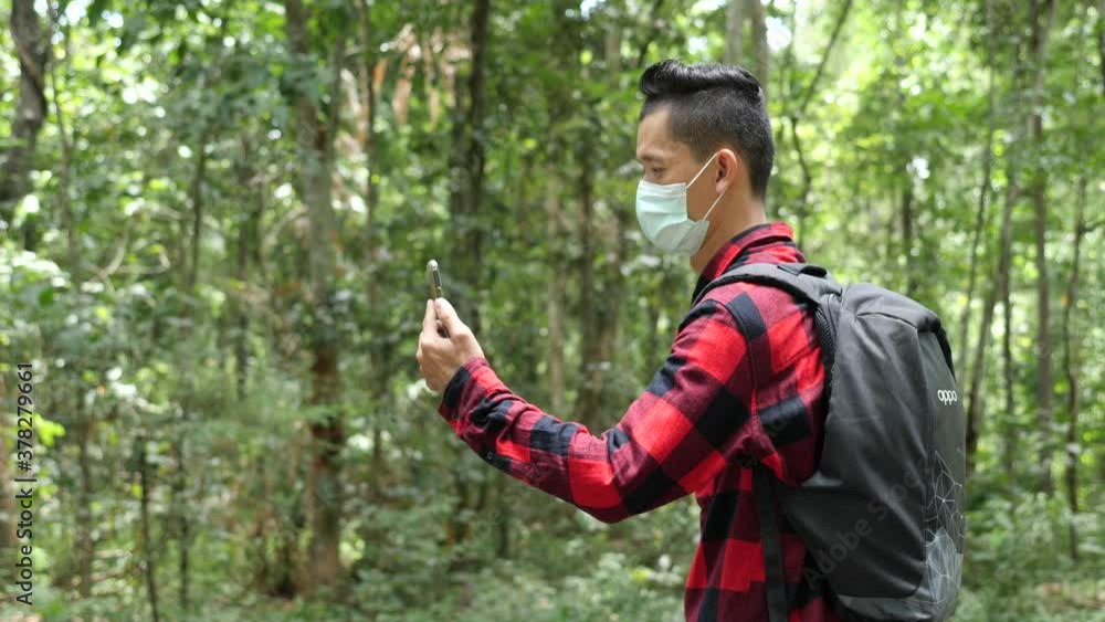Asian man Hiking Forest survey wearing protective mask In public on nature background beautiful Asian man Hiking Forest survey wearing protective mask In public on nature background beautiful
