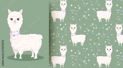 Cute animal baby llama on green seamless pattern illustration